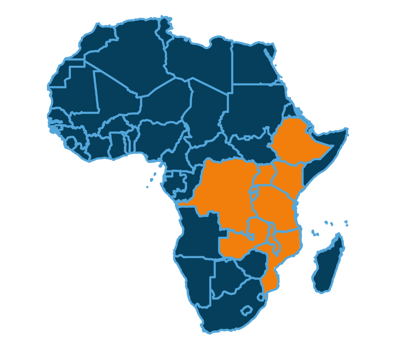 A map of Africa with the Great Lakes Region shaded in orange