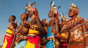 Samburu men from Kenya in the Great Lakes region in their traditional dress