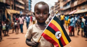 A Ugandan child holding a hand flag on the streets