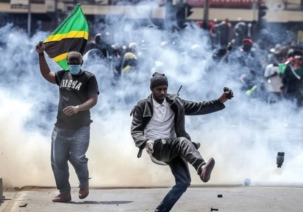Protesters in the midst of teargas smoke in Tanzania
